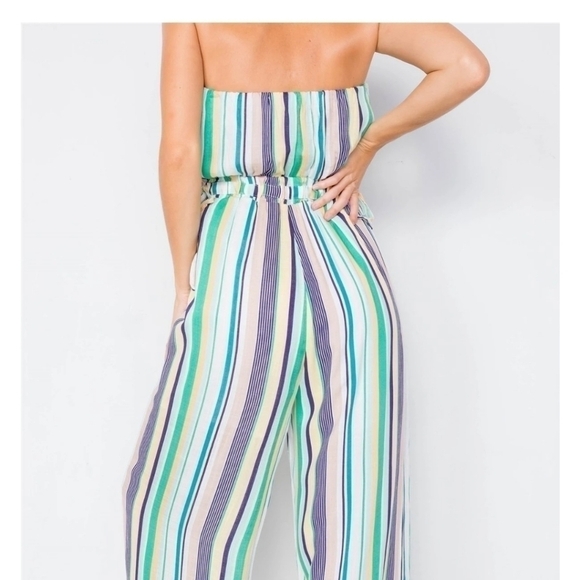 Anthropologie Le Lis Green Blue Striped Strapless Wide Leg Jumpsuit Pantsuit - Picture 10 of 16
